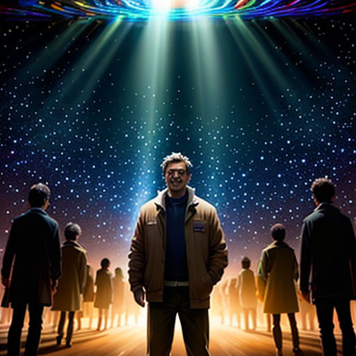 a man standing in front of a crowd of people in a movie poster with a bright light above him