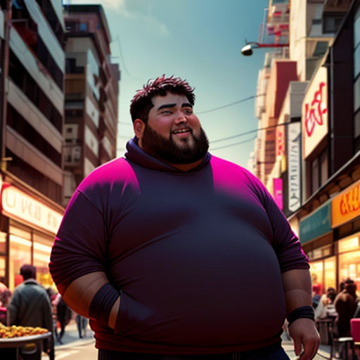 a man with a large belly standing on a street corner in front of a store front with a lot of people