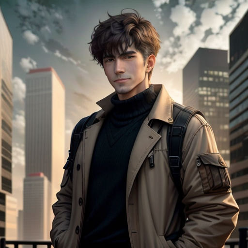 a man in a trench coat standing in front of a city skyline with skyscrapers in the background and a cloudy sky
