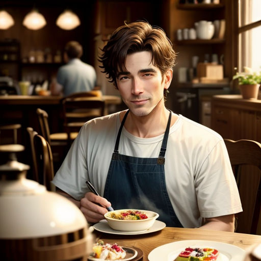 a man sitting at a table with a bowl of food in front of him and a pot of soup in front of him