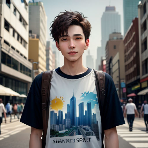 a young man standing in the middle of a city street with a t - shirt on his chest that says, shanni's space