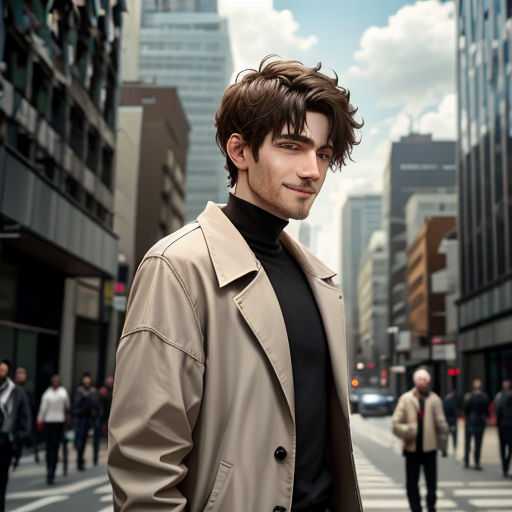 a man in a trench coat standing on a street corner in a city with tall buildings and pedestrians in the background