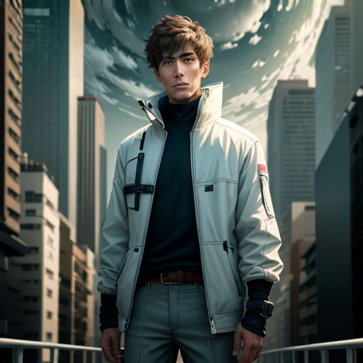 a man standing in front of a city with a giant wave in the background and a man in a black turtle neck sweater