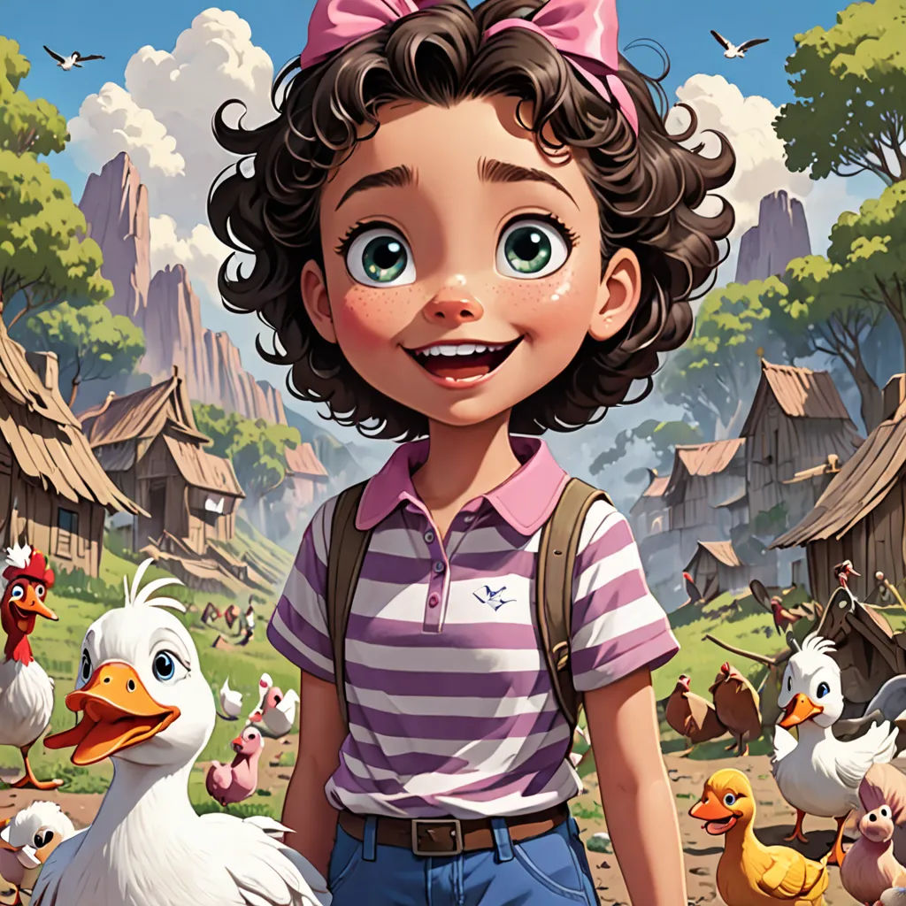 a cartoon girl standing in front of a bunch of chickens and ducks in a village with a village in the background, american scene painting, a storybook illustration, Cliff Childs, kinkade