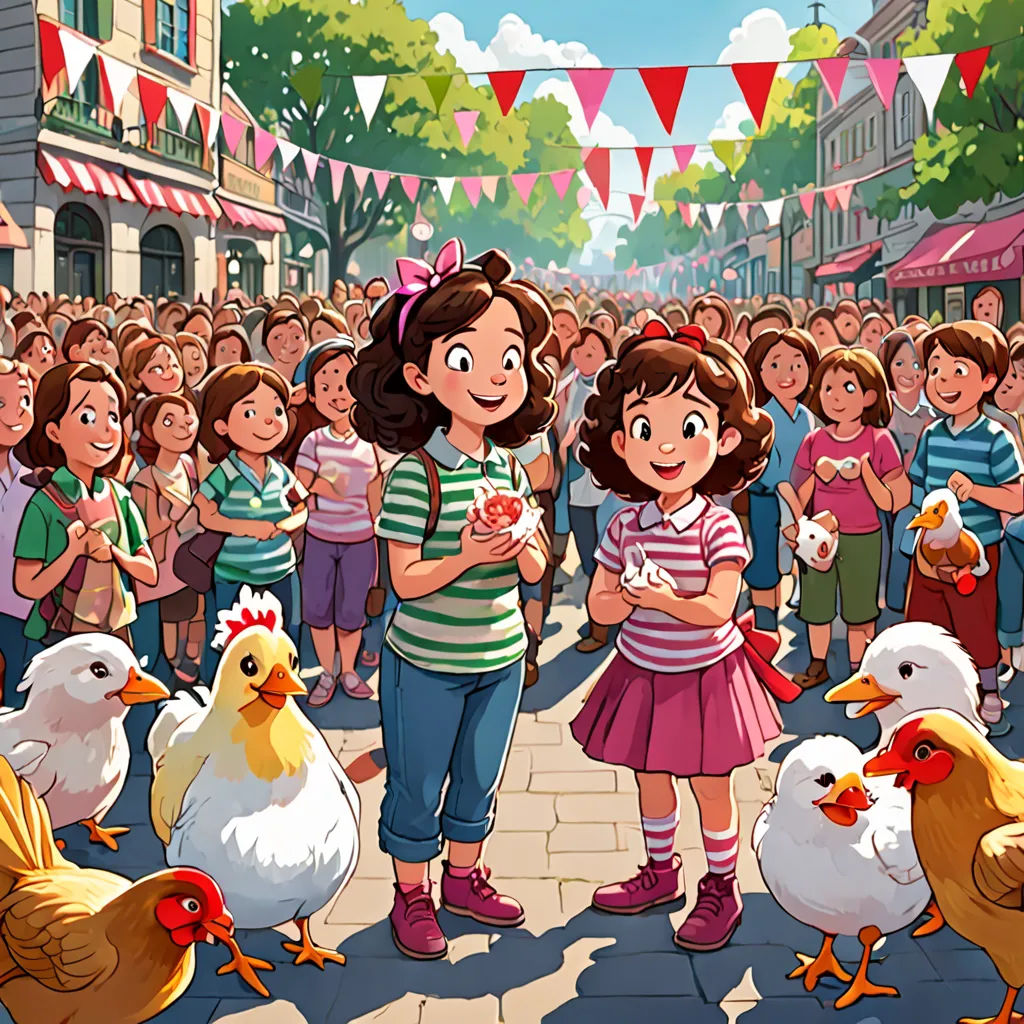 a girl standing in front of a crowd of chickens and chickens in a street with a crowd of people, lyco art, a storybook illustration, Diego Gisbert Llorens, official art