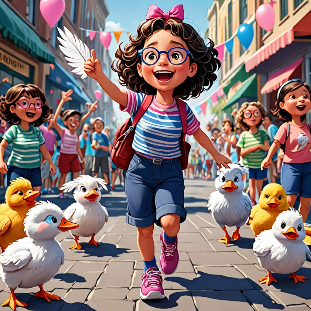 a cartoon girl running with ducks and balloons in the street with other children in the background and a bunch of balloons, american scene painting, a storybook illustration, disney, official art