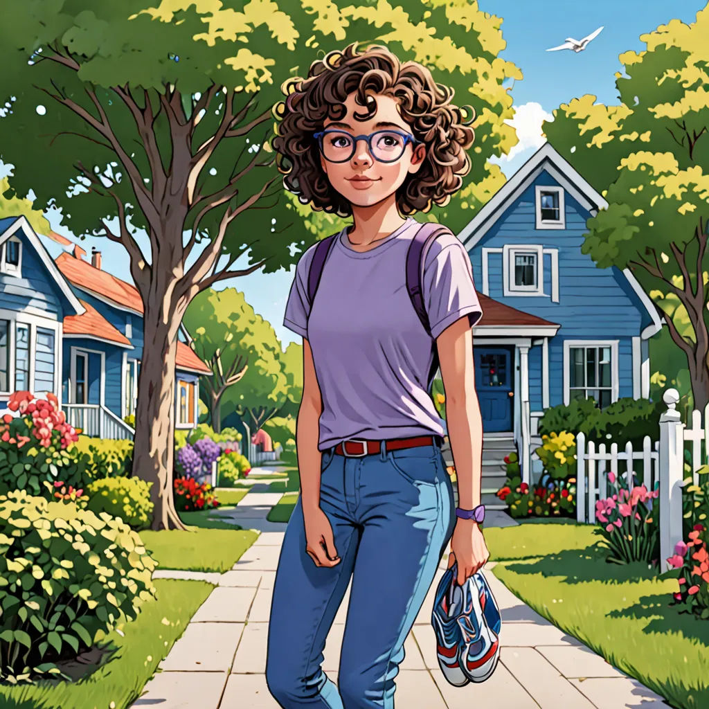a woman with glasses is walking down a sidewalk in front of a house and trees with flowers on it, american scene painting, a character portrait, Anthony Palumbo, comic cover art