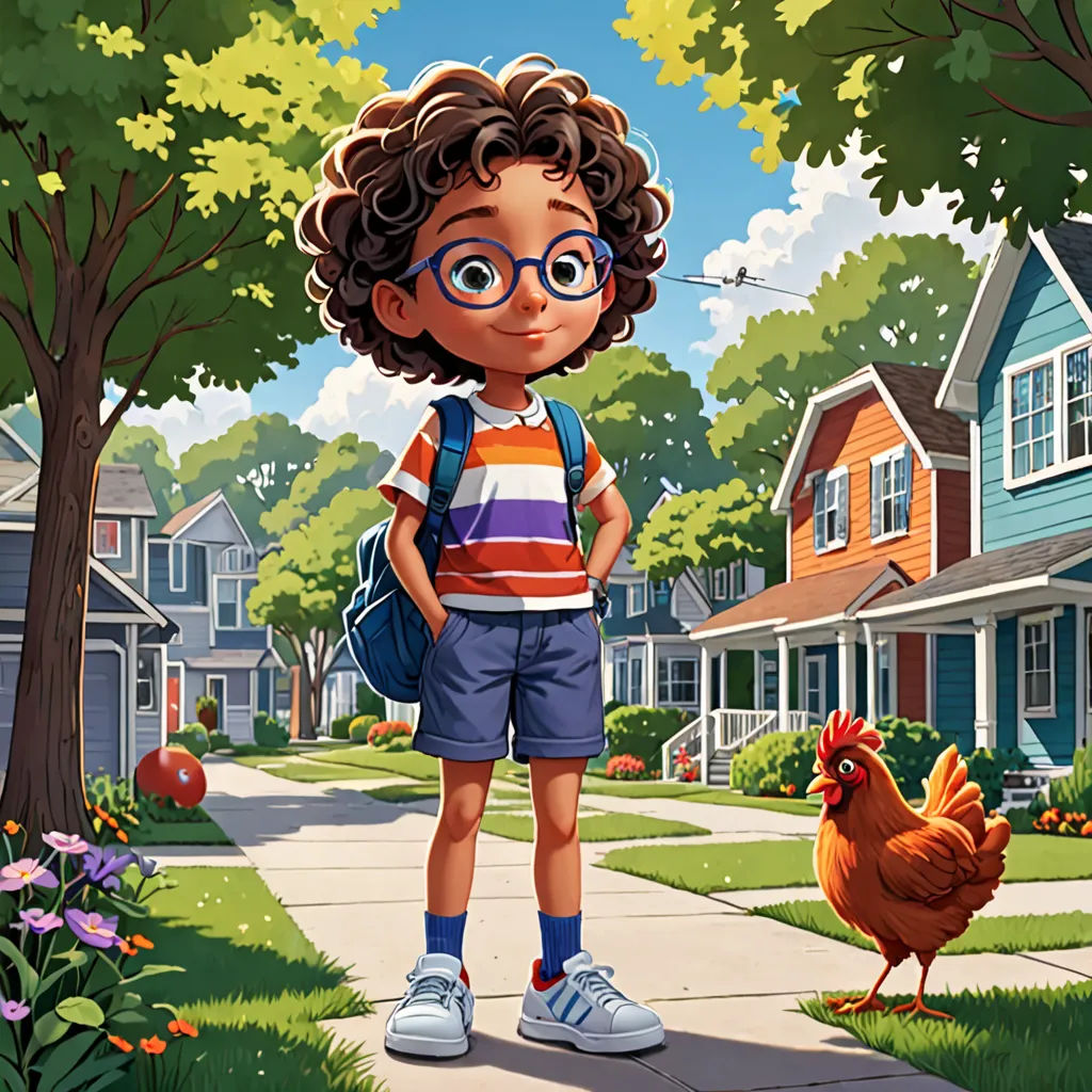 a young boy standing in front of a chicken on a sidewalk in front of a neighborhood with houses and trees, american scene painting, a storybook illustration, Chris LaBrooy, promotional image