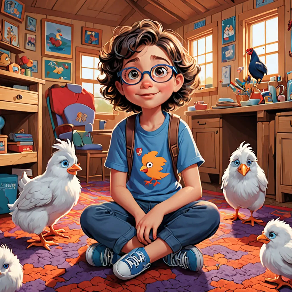 a boy sitting on the floor surrounded by chickens and chickens in a room with a window and a shelf, american scene painting, a storybook illustration, Chris LaBrooy, rossdraws global illumination