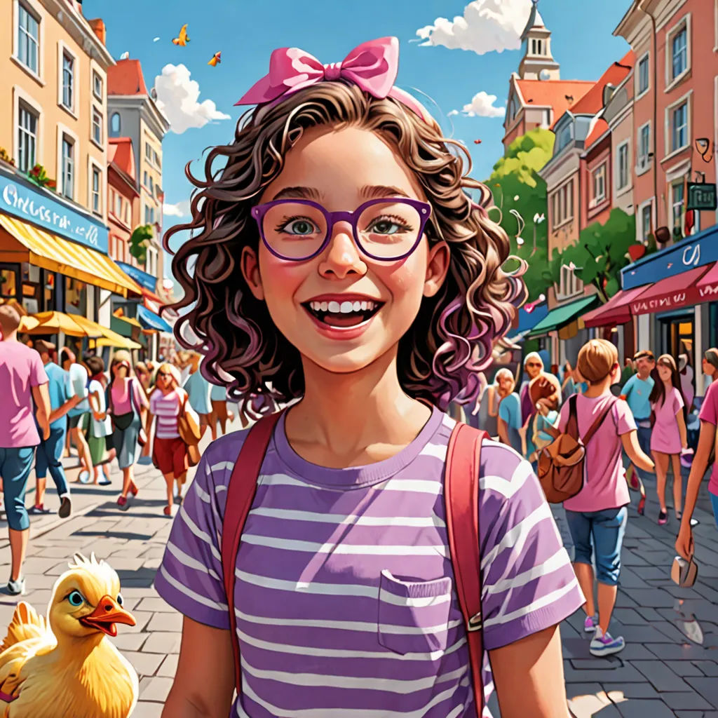 a girl with a pink bow and glasses is holding a duck in a crowded street with people walking around, american scene painting, a storybook illustration, Bob Byerley, affinity photo