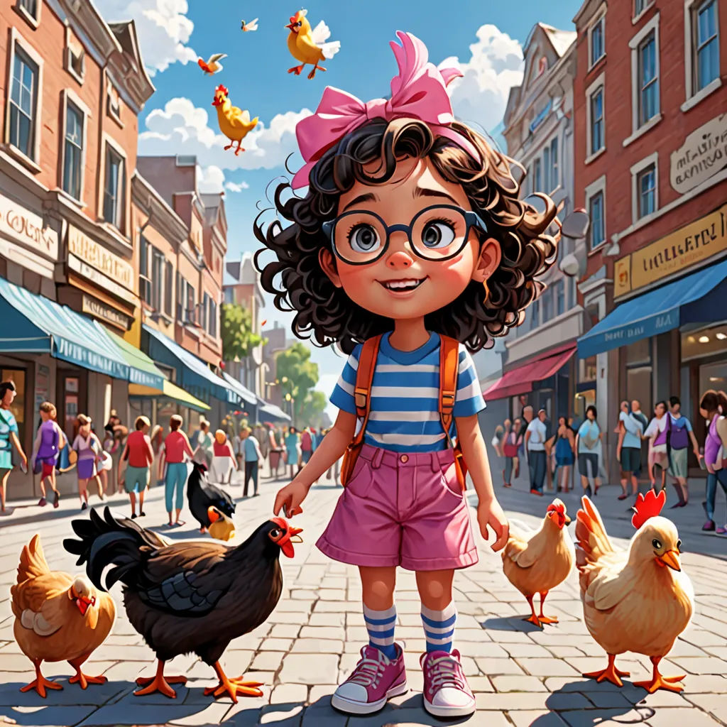 a cartoon girl standing in front of chickens on a city street with a crowd of people in the background, american scene painting, a storybook illustration, Chris LaBrooy, storybook illustration