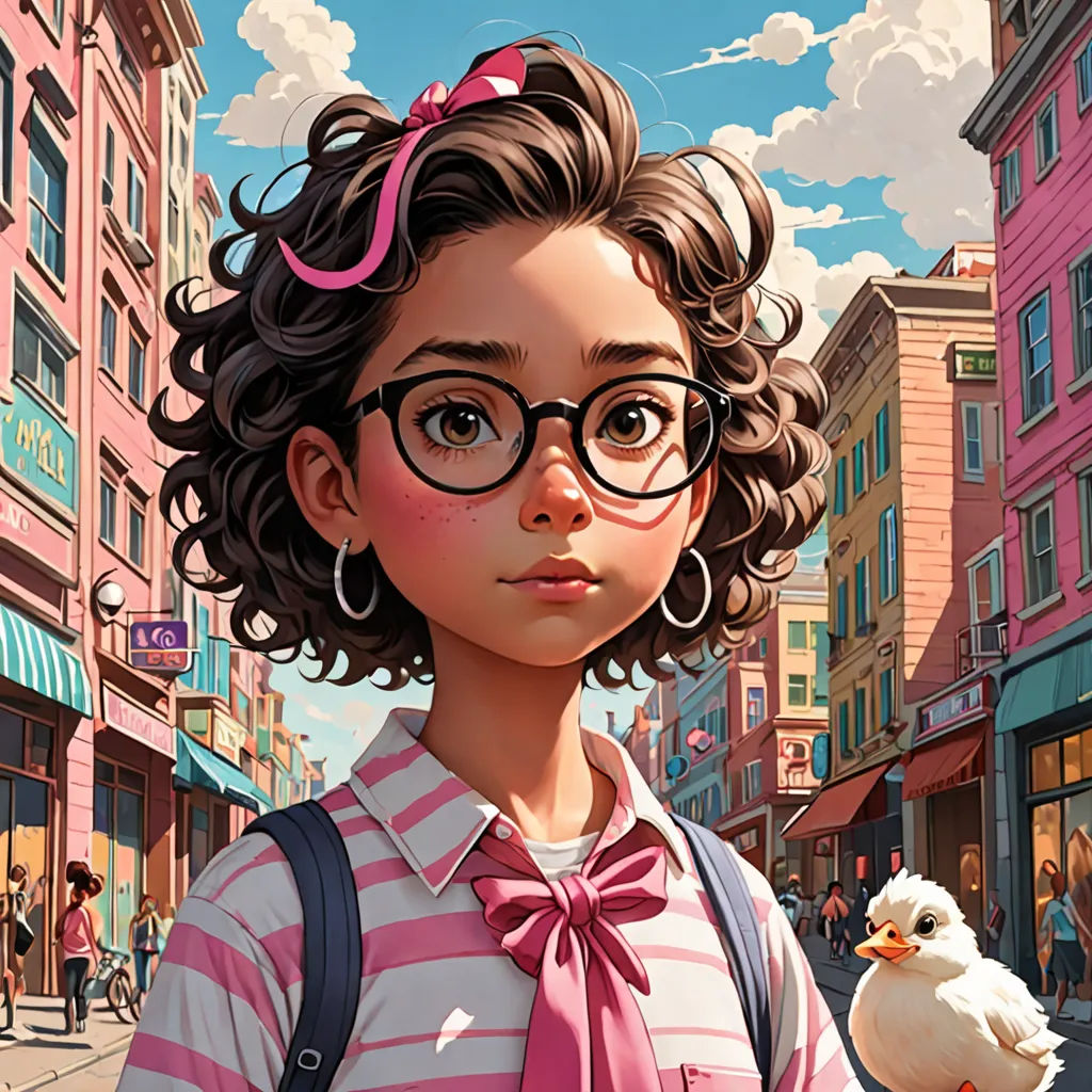 a girl with glasses and a pink bow is holding a chicken in a city street with buildings and people, american scene painting, a character portrait, Chris LaBrooy, rossdraws global illumination