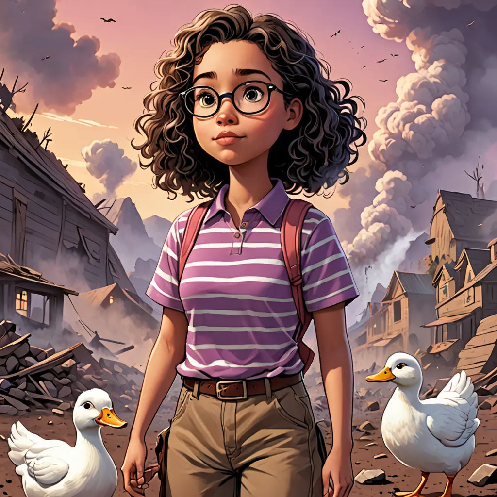 a girl with glasses standing next to two ducks in a dirty area with buildings and smoke in the background, american scene painting, a character portrait, F Scott Hess, comic cover art