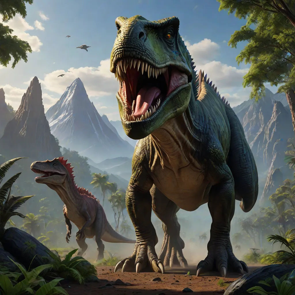 a dinosaur with its mouth open and another dinosaur in the background with trees and mountains in the background, with a bird flying overhead, concept art, Adam Rex, sots art, key art