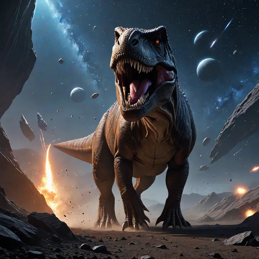 a dinosaur with its mouth open and its teeth wide open in a rocky area with planets in the background, concept art, Adam Rex, space art, unreal 5