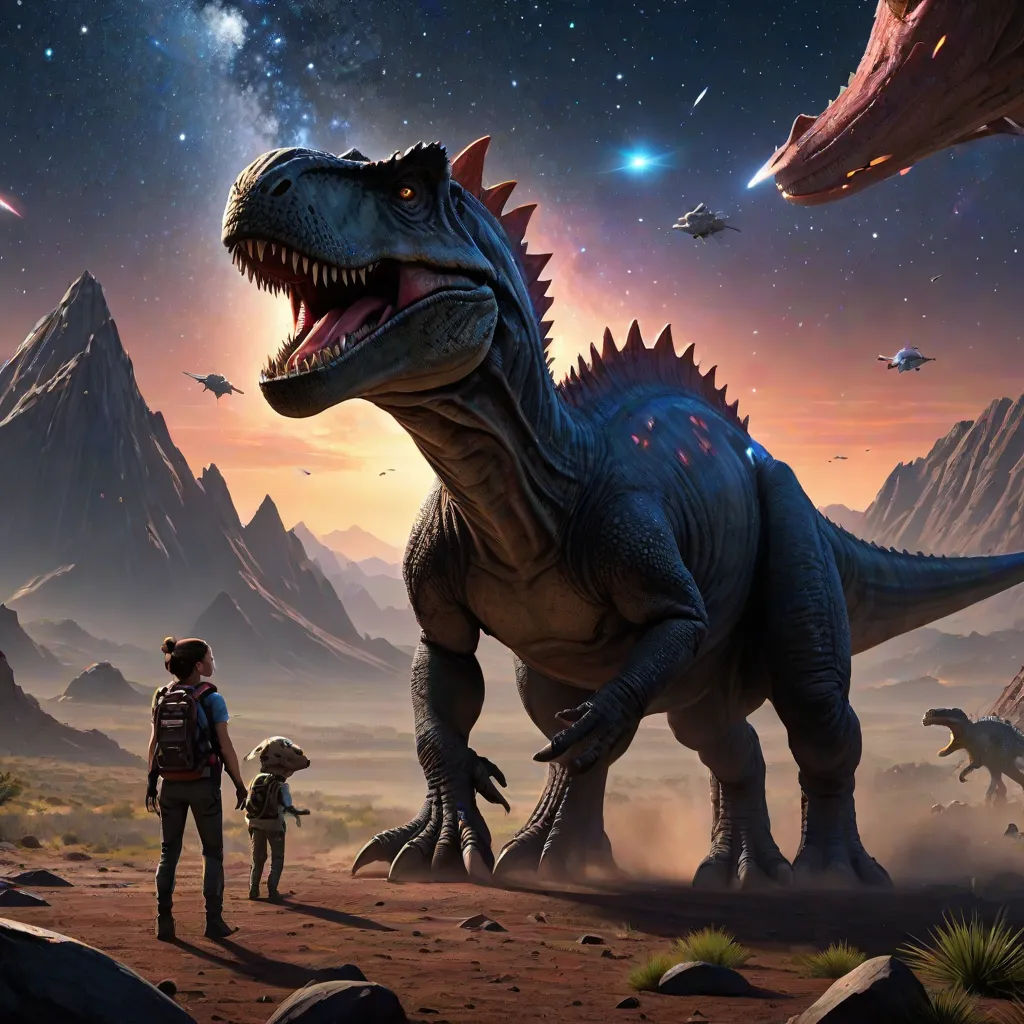 a man and a child standing in front of a dinosaur in a desert area with mountains and stars in the background, concept art, Adam Rex, space art, key art