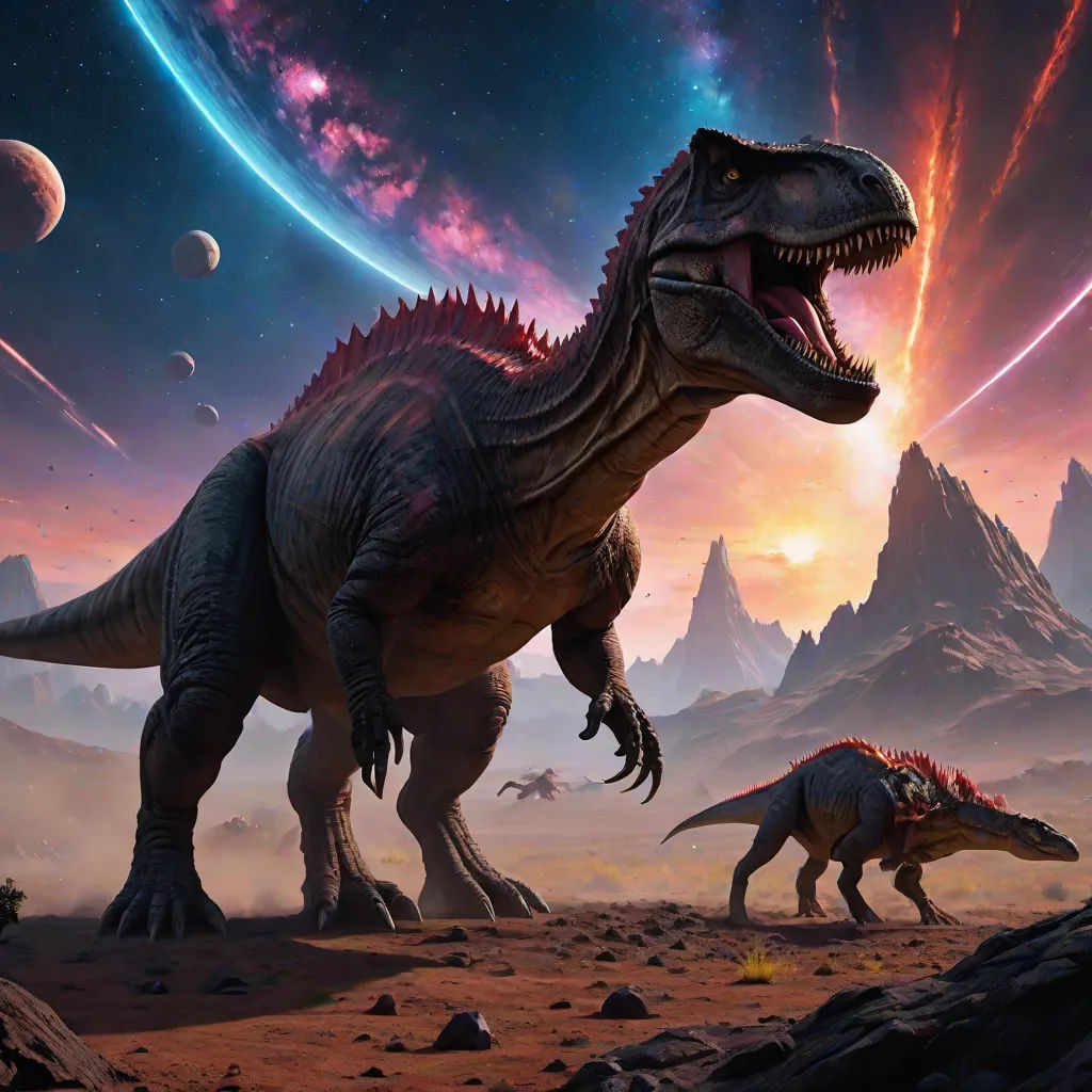 two dinosaurs in a desert with mountains and planets in the background, with a bright sky and stars in the background, concept art, Adam Rex, space art, key art