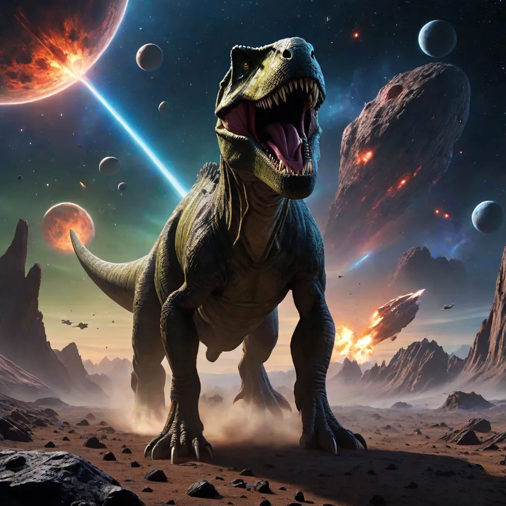 a dinosaur with its mouth open in a space scene with planets and stars in the background, with a shooting star in the foreground, a detailed matte painting, Adam Rex, space art, rossdraws global illumination