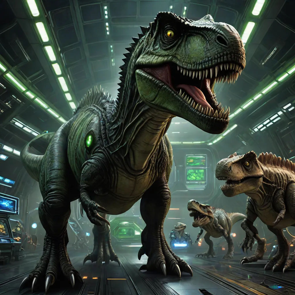 a group of dinosaurs in a museum with lights on and a man in the background looking at them with a dinosaur, concept art, Adam Rex, photorealism, rossdraws global illumination