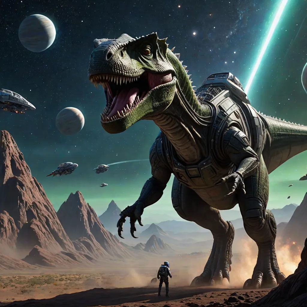 a dinosaur with a man in a space suit in front of a mountain range with planets and stars in the background, concept art, Adam Rex, space art, unreal 5