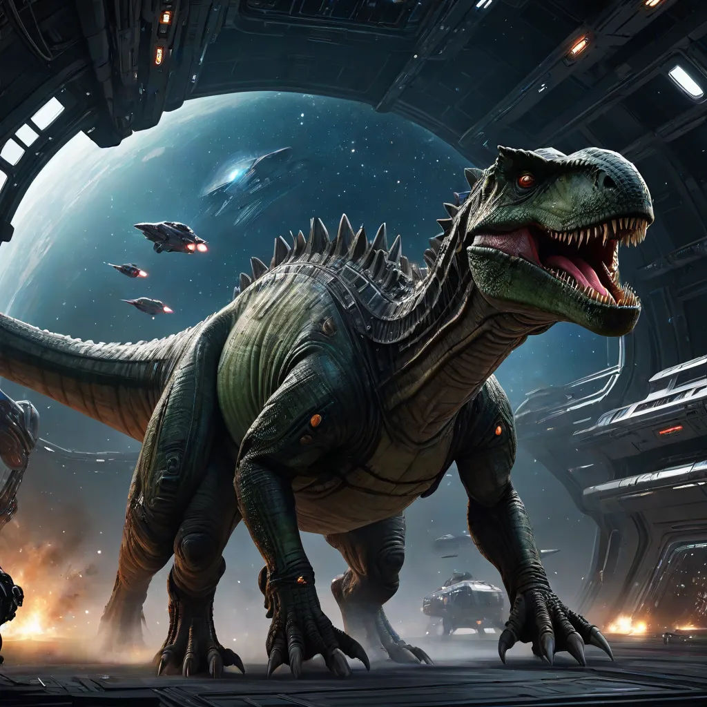 a dinosaur in a space station with a spaceship in the background and a spaceship in the background with a spaceship in the foreground, concept art, Adam Rex, space art, game art