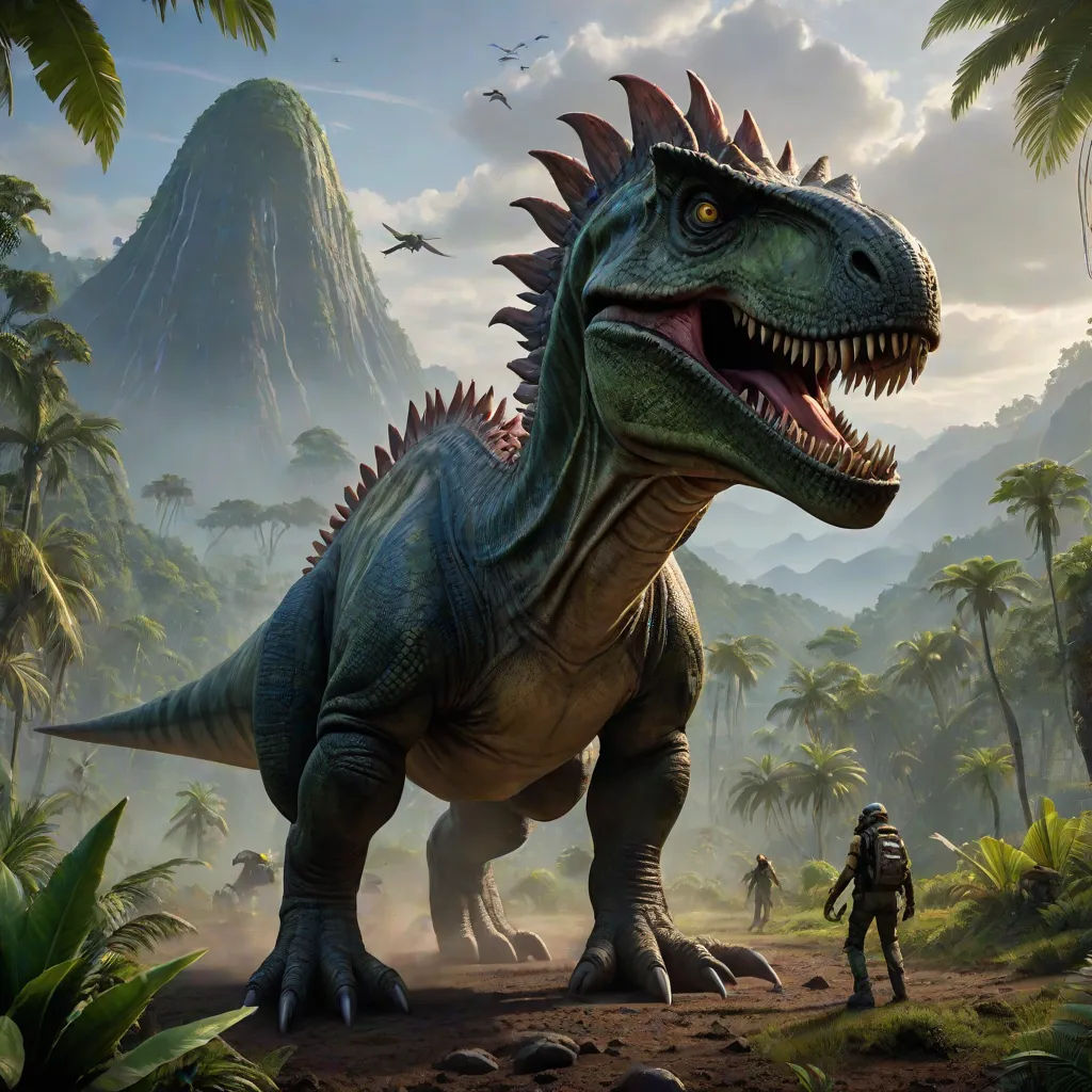 a dinosaur with its mouth open and a man standing next to it in the jungle with a mountain in the background, concept art, Adam Rex, primitivism, key art
