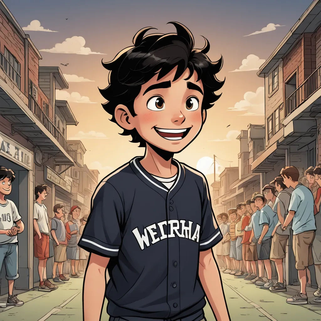 a cartoon of a boy in a baseball uniform standing in front of a crowd of people on a street, ashcan school, a comic book panel, Everett Warner, comic cover art