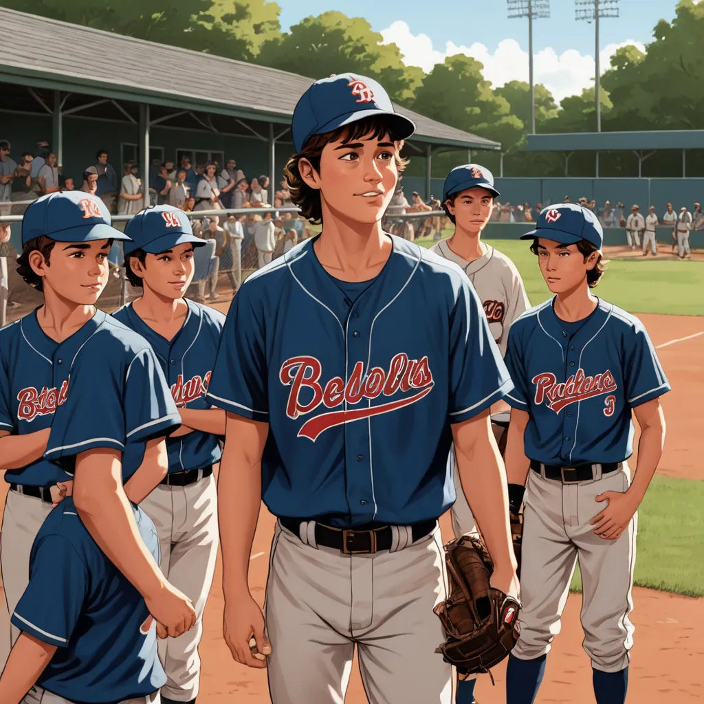a painting of a baseball team standing on a field with a crowd watching them from the stands and a man in the middle of the field, american realism, a storybook illustration, Brothers Hildebrandt, official art