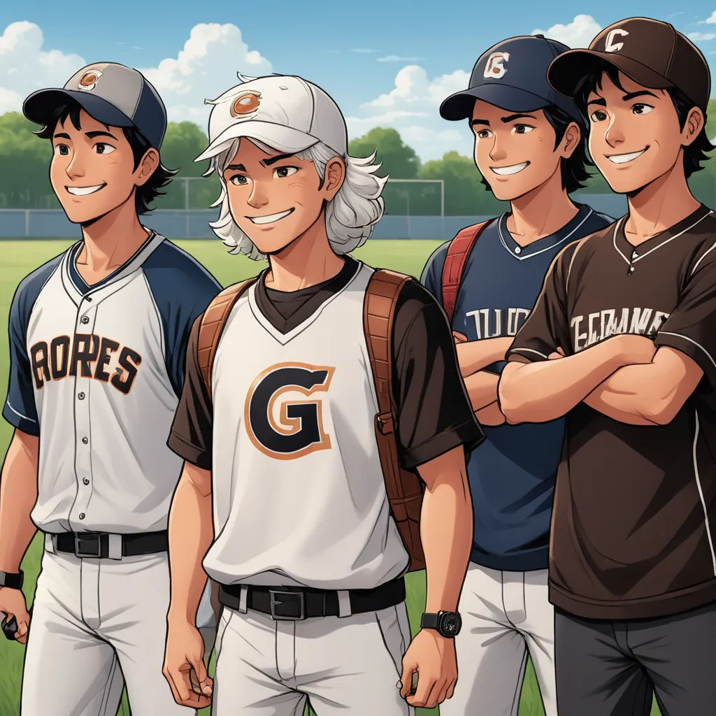 three baseball players standing next to each other on a field with trees in the background and a sky with clouds, rayonism, concept art, BaiĆken Eishun, official art