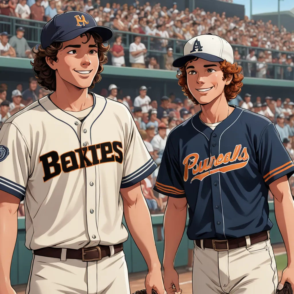 two baseball players standing next to each other in front of a crowd of people in a stadium with a baseball bat, fantastic realism, concept art, Brothers Hildebrandt, official art