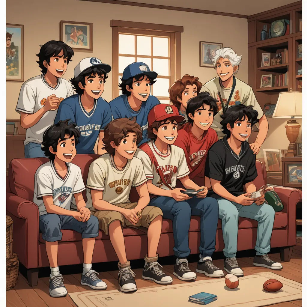 a group of young men sitting on top of a couch in a living room next to a window with a lamp, sots art, a storybook illustration, Brothers Hildebrandt, official art