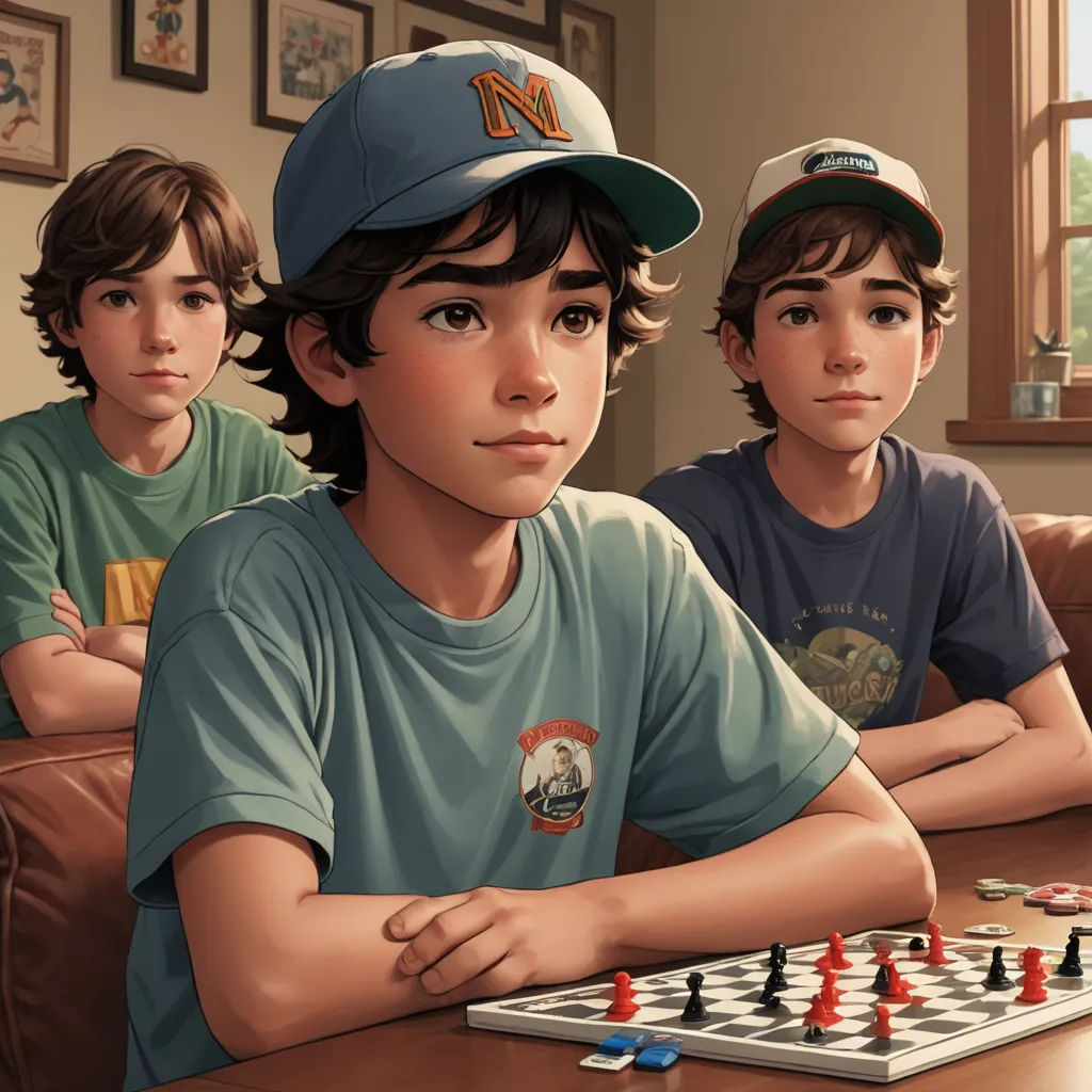 a boy and a boy sitting at a table with a chess board in front of him and a boy standing behind him, les automatistes, a storybook illustration, Brothers Hildebrandt, highly detailed digital painting