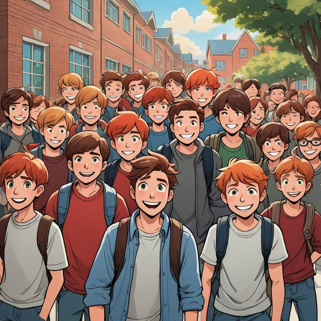a group of young men standing next to each other in front of a building with a tree on the side, rayonism, a comic book panel, Adam Manyoki, graphic novel