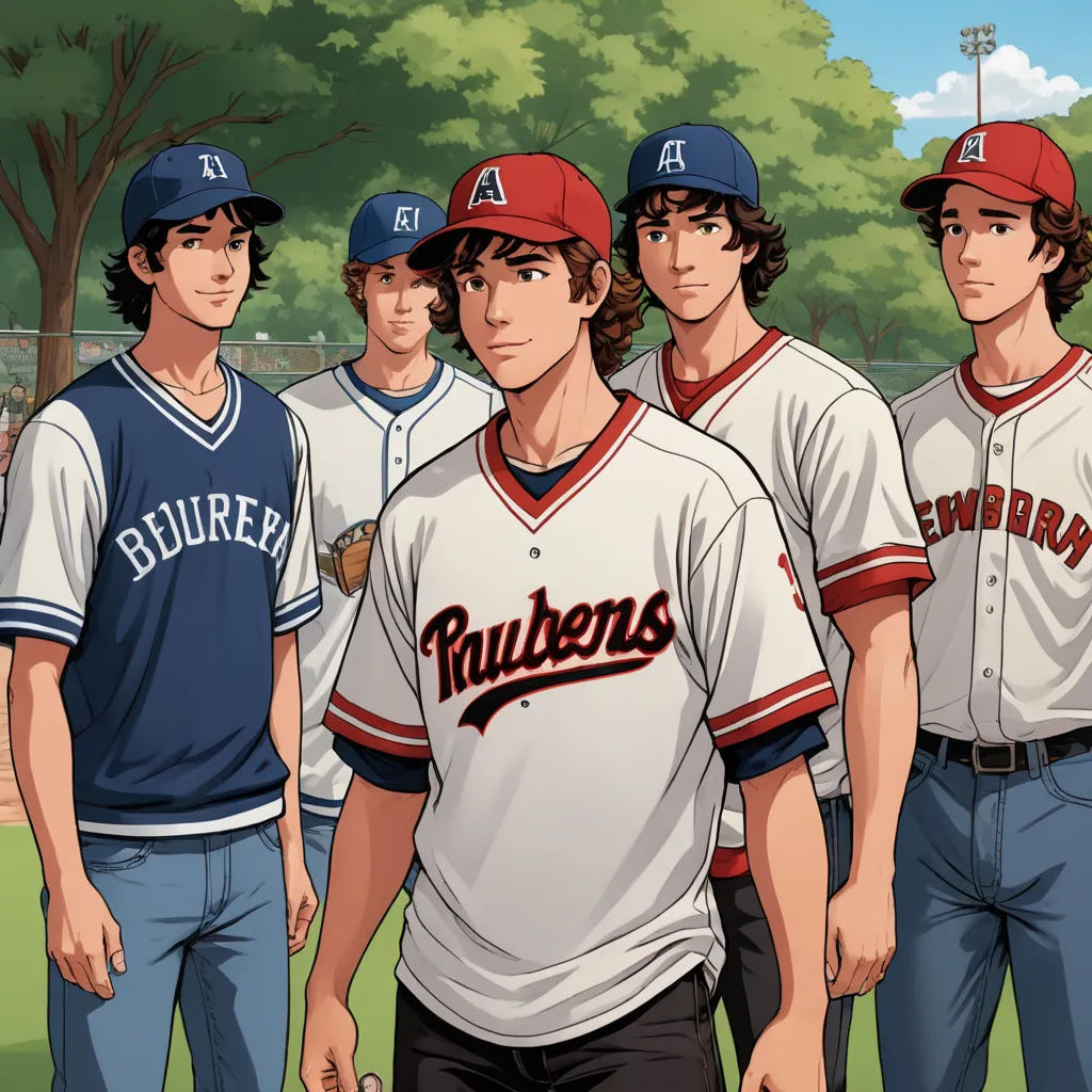 a group of baseball players standing next to each other on a field with trees in the background and a baseball field in the foreground, rayonism, concept art, Brothers Hildebrandt, official art