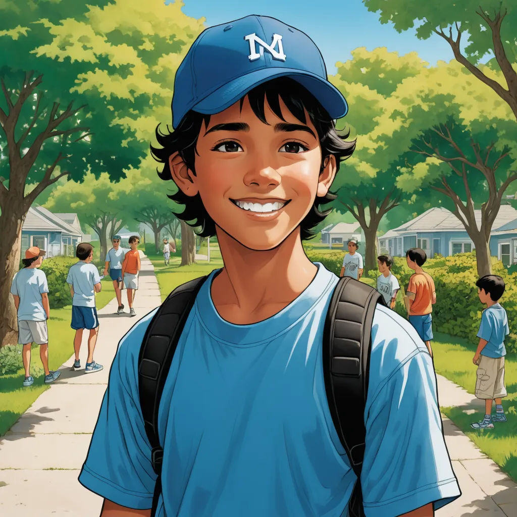 a boy in a blue cap and blue shirt is smiling at the camera while standing on a sidewalk with a group of people in the background, american realism, a character portrait, Aaron Miller, graphic novel