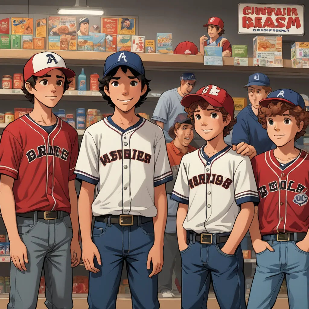 a group of baseball players standing in a store together with a man in the background wearing a baseball uniform, rayonism, concept art, Brothers Hildebrandt, official art