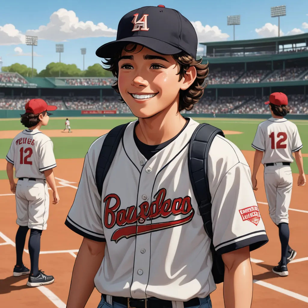 a cartoon of a baseball player on a field with other players in the background and a stadium full of people, american realism, a storybook illustration, Conroy Maddox, official art