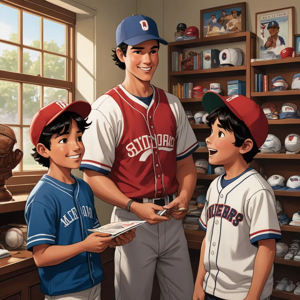 a painting of a baseball player and two young boys in a store with baseball memorabilia on the shelves behind them, sots art, a storybook illustration, Brothers Hildebrandt, official art