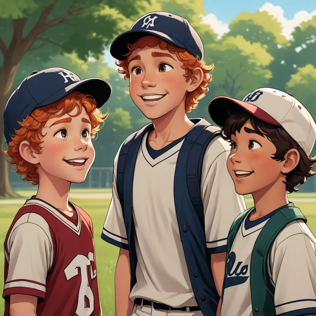 three boys in baseball uniforms standing next to each other in a park with trees and grass in the background, american realism, a storybook illustration, Brothers Hildebrandt, official art