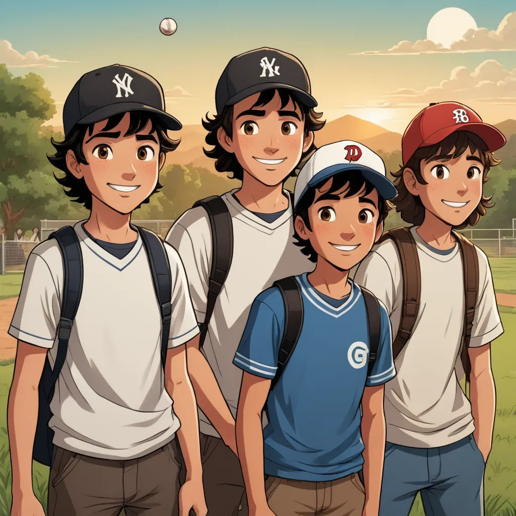 a group of young men standing next to each other on a field of grass and trees with a baseball ball in the air, rayonism, concept art, Brothers Hildebrandt, official art