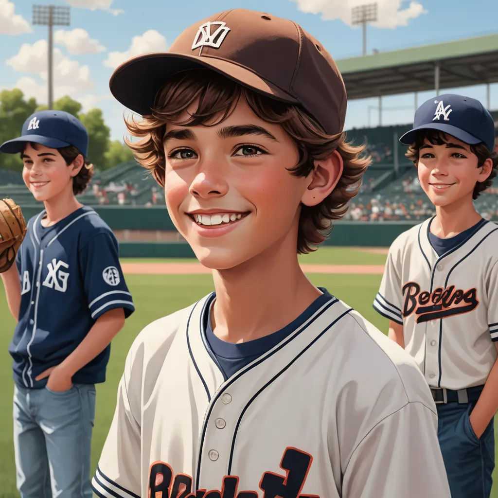 a boy in a baseball uniform is smiling for a picture with other boys in the background in a baseball field, hyperrealism, a storybook illustration, Anthony Palumbo, highly detailed digital painting