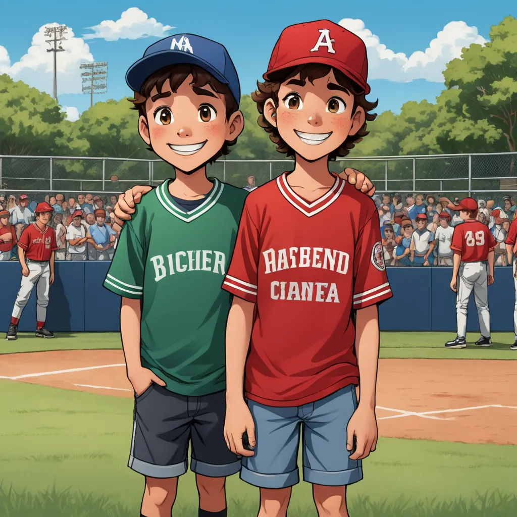 two boys in baseball uniforms standing on a baseball field with a crowd of people behind them and a baseball field in the background, les nabis, a storybook illustration, Brothers Hildebrandt, official art