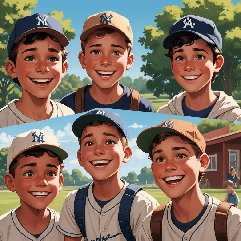 a group of young boys standing next to each other on a field with trees in the background and a baseball field, fantastic realism, a storybook illustration, Brothers Hildebrandt, book cover