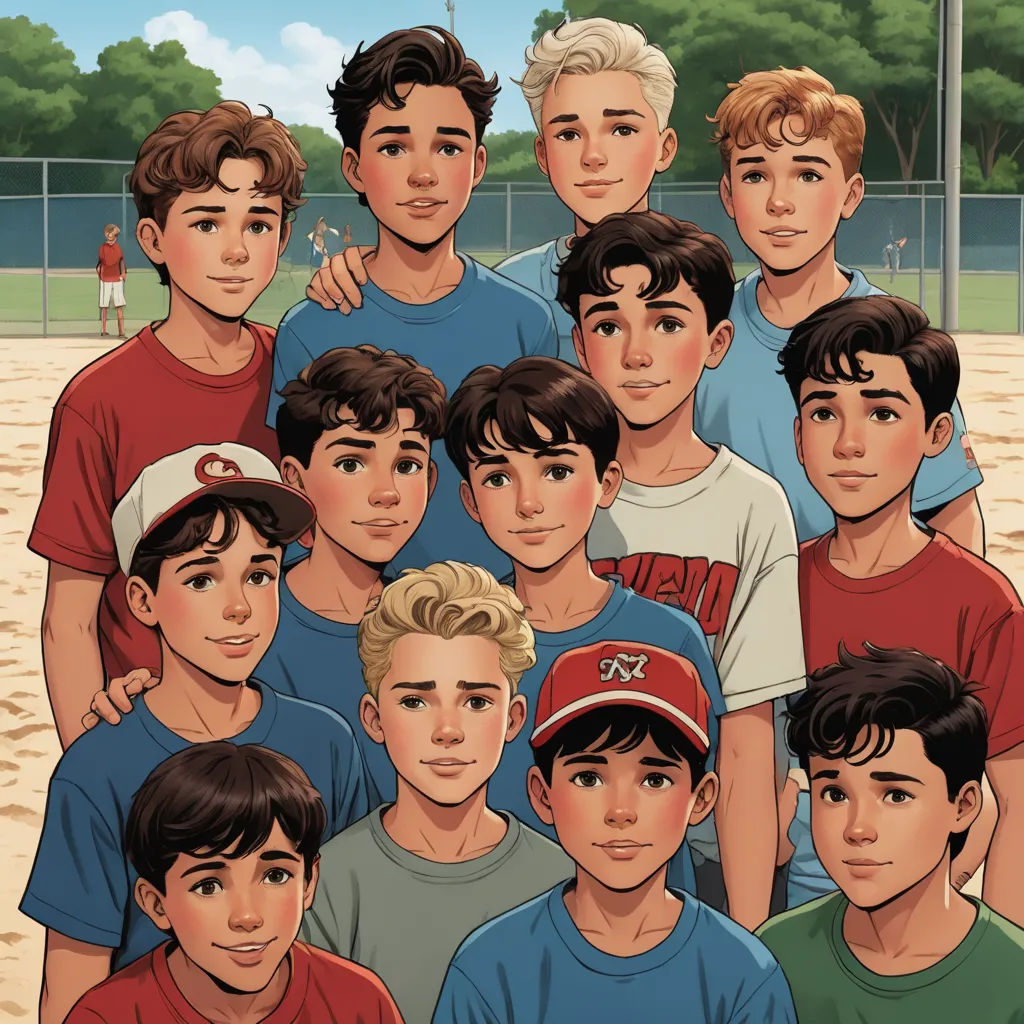a group of young men standing next to each other on a beach near a baseball field with a fence, sots art, an album cover, Brothers Hildebrandt, graphic novel