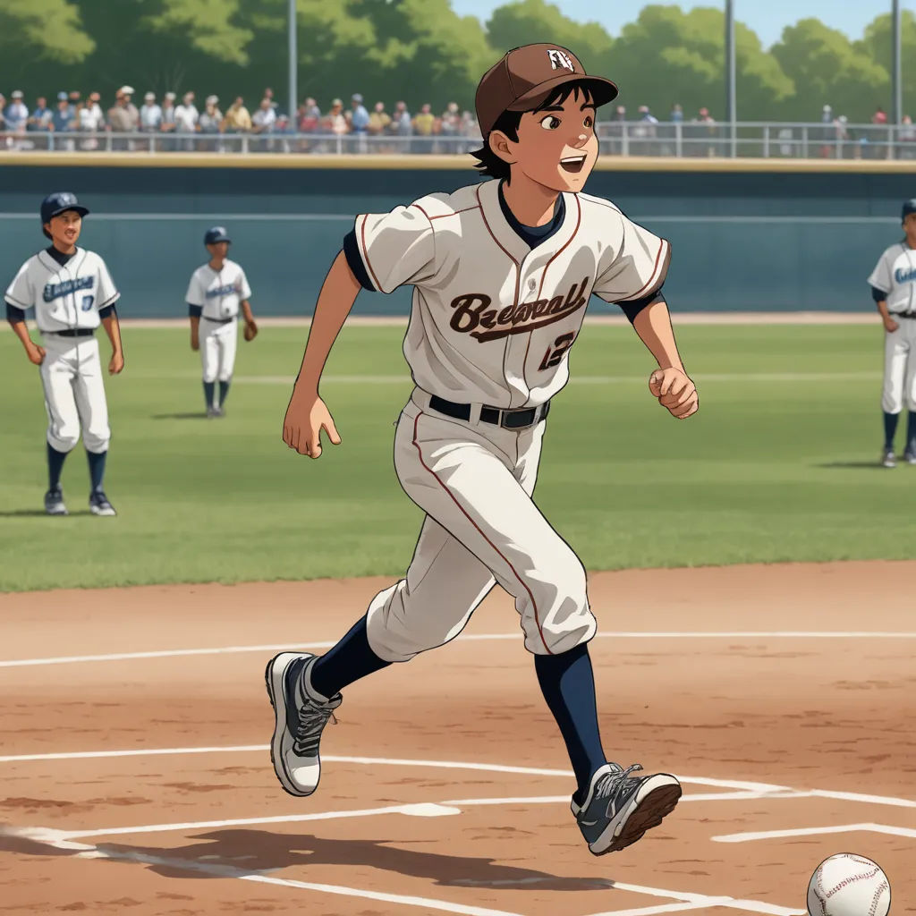 a cartoon of a baseball player running to a base ball during a game of baseball on a baseball field, rayonism, a comic book panel, Eizan Kikukawa, official art