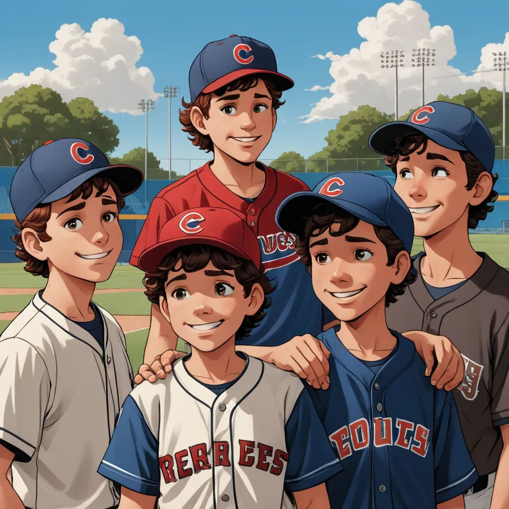 a group of baseball players standing next to each other on a field with trees in the background and clouds in the sky, sots art, a storybook illustration, Brothers Hildebrandt, graphic novel