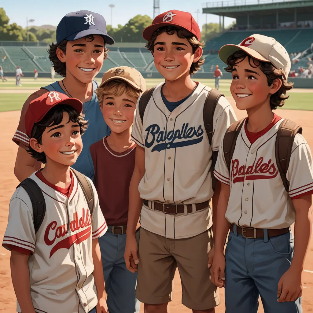a group of young boys standing next to each other on a baseball field with a ball field in the background, photorealism, concept art, Brothers Hildebrandt, official art