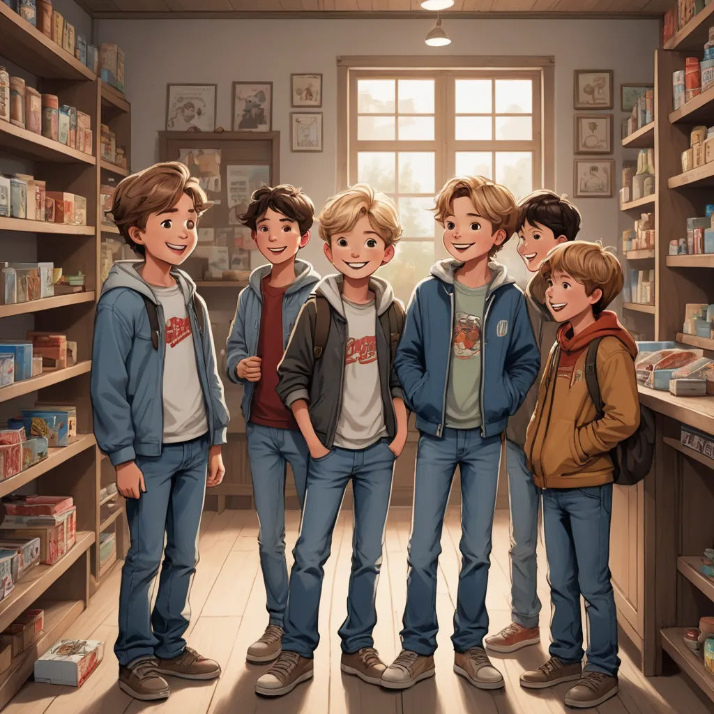 a group of children standing in a store with shelves full of books and bookshelves behind them, all smiling, sots art, a storybook illustration, Brothers Hildebrandt, official art