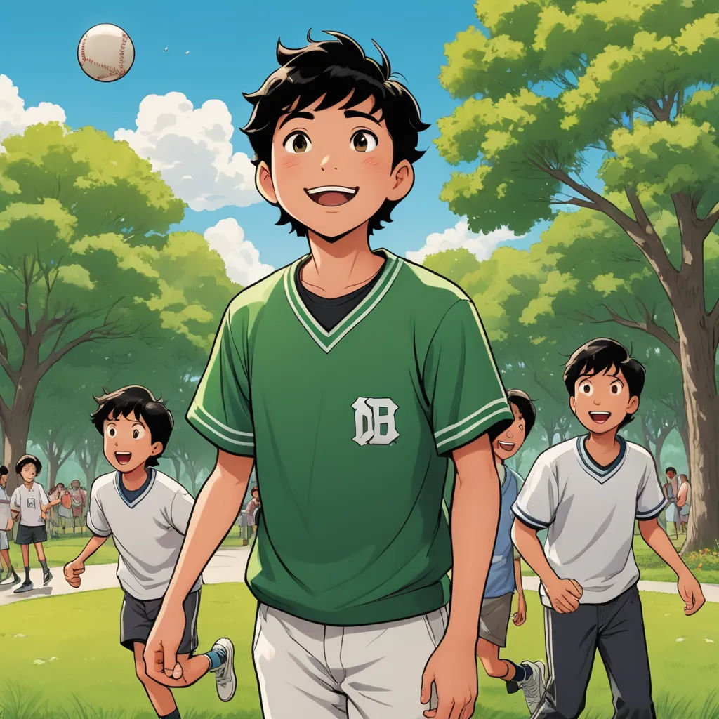 a boy in a green shirt is playing baseball with other boys in the background and a ball in the air, dau-al-set, a comic book panel, Adam Manyoki, color page