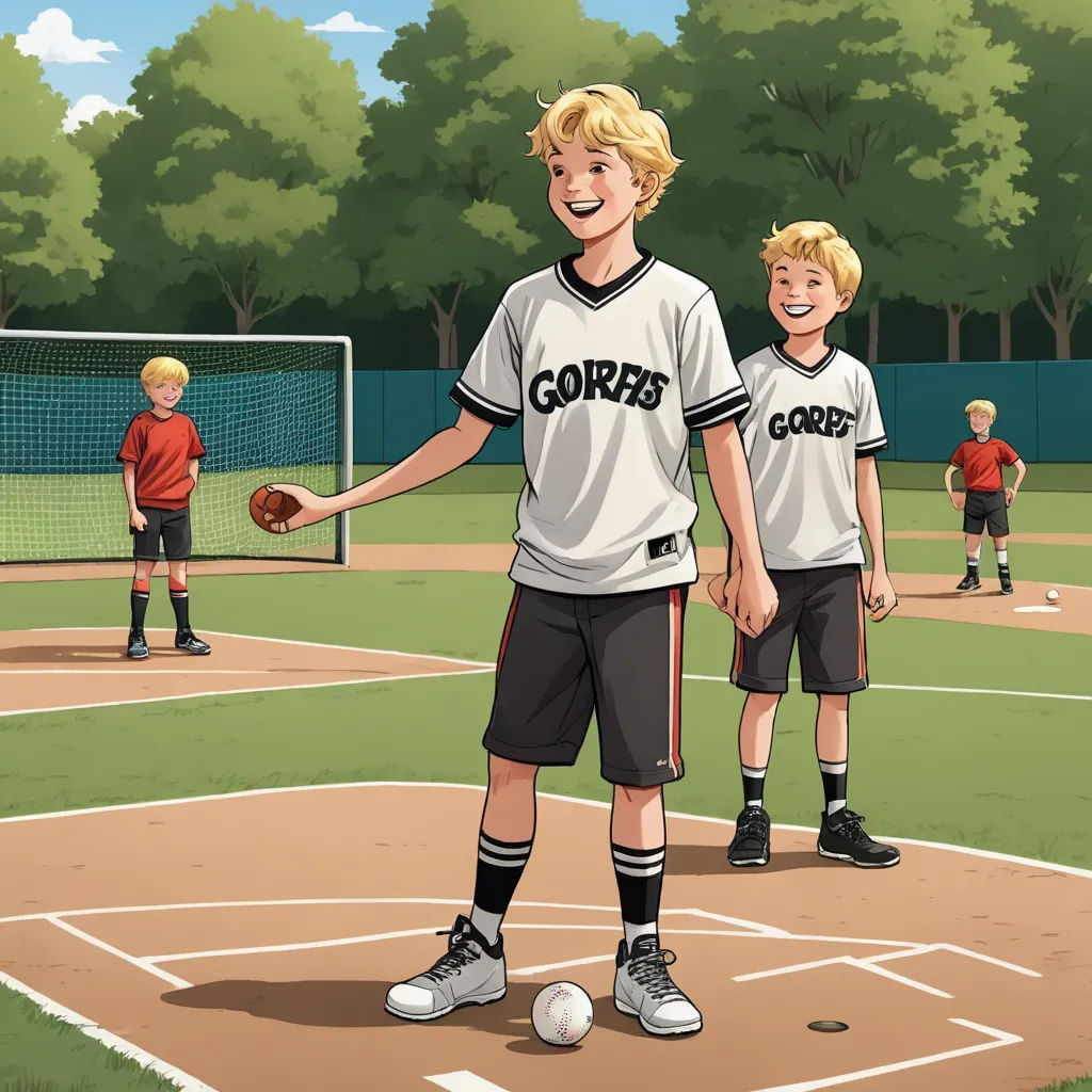 a boy and a boy in baseball uniforms on a baseball field with a ball in his hand and a boy in the background, magic realism, a storybook illustration, Conroy Maddox, graphic novel